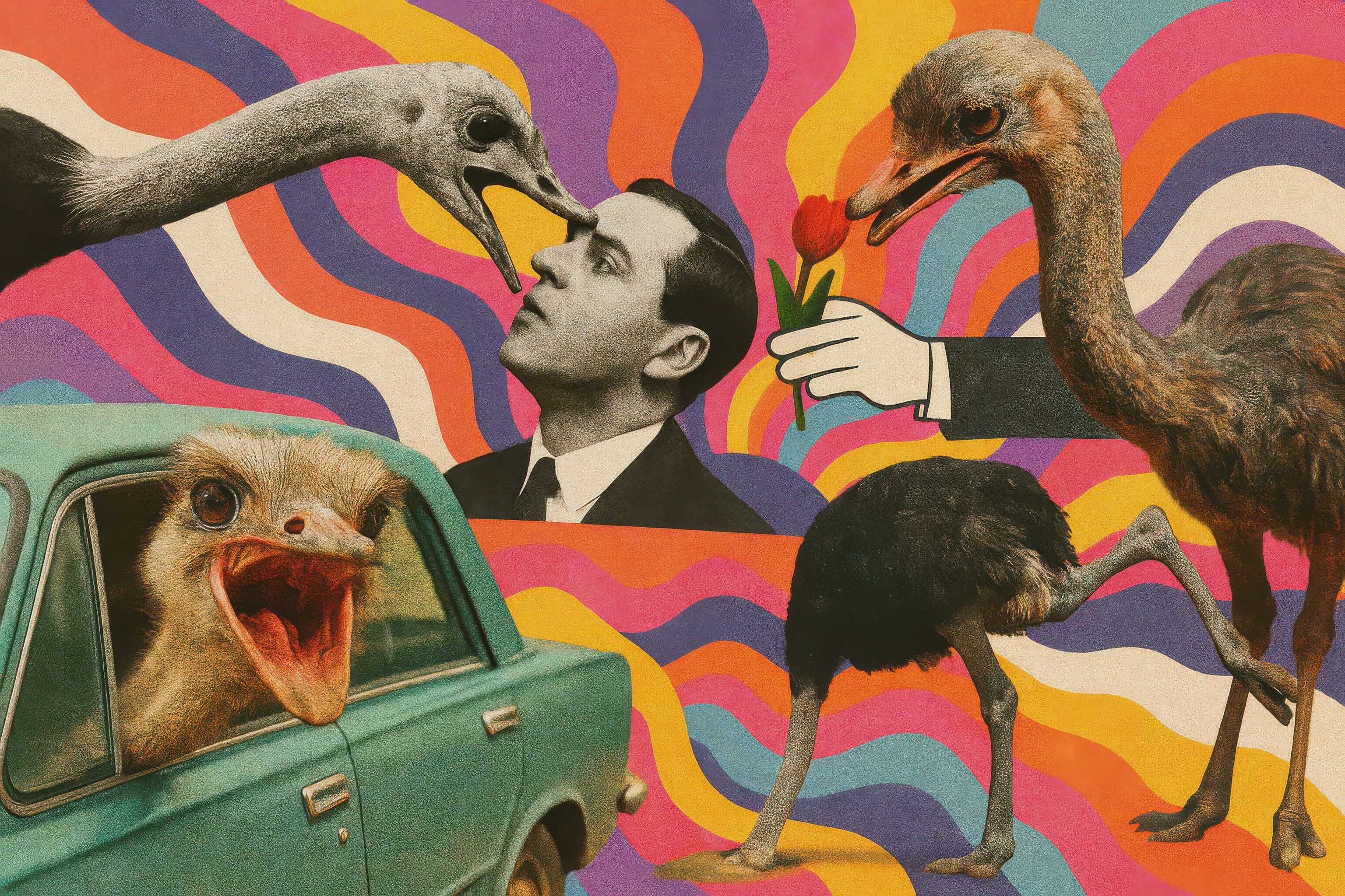 Collage of psychedelic imagery of ostriches and shapes