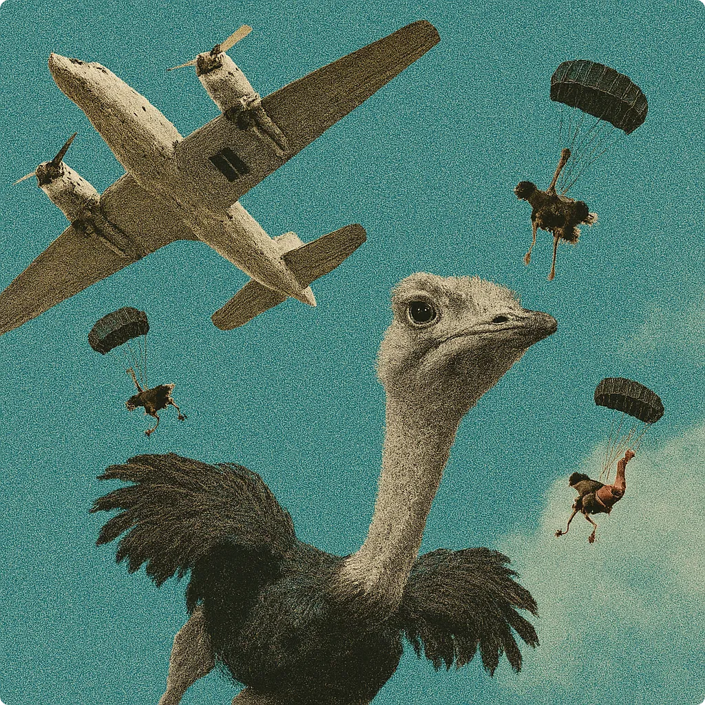 A surreal scene of ostriches parachuting from a vintage propeller airplane, with one ostrich prominently in the foreground looking toward the viewer against a bright blue sky.
