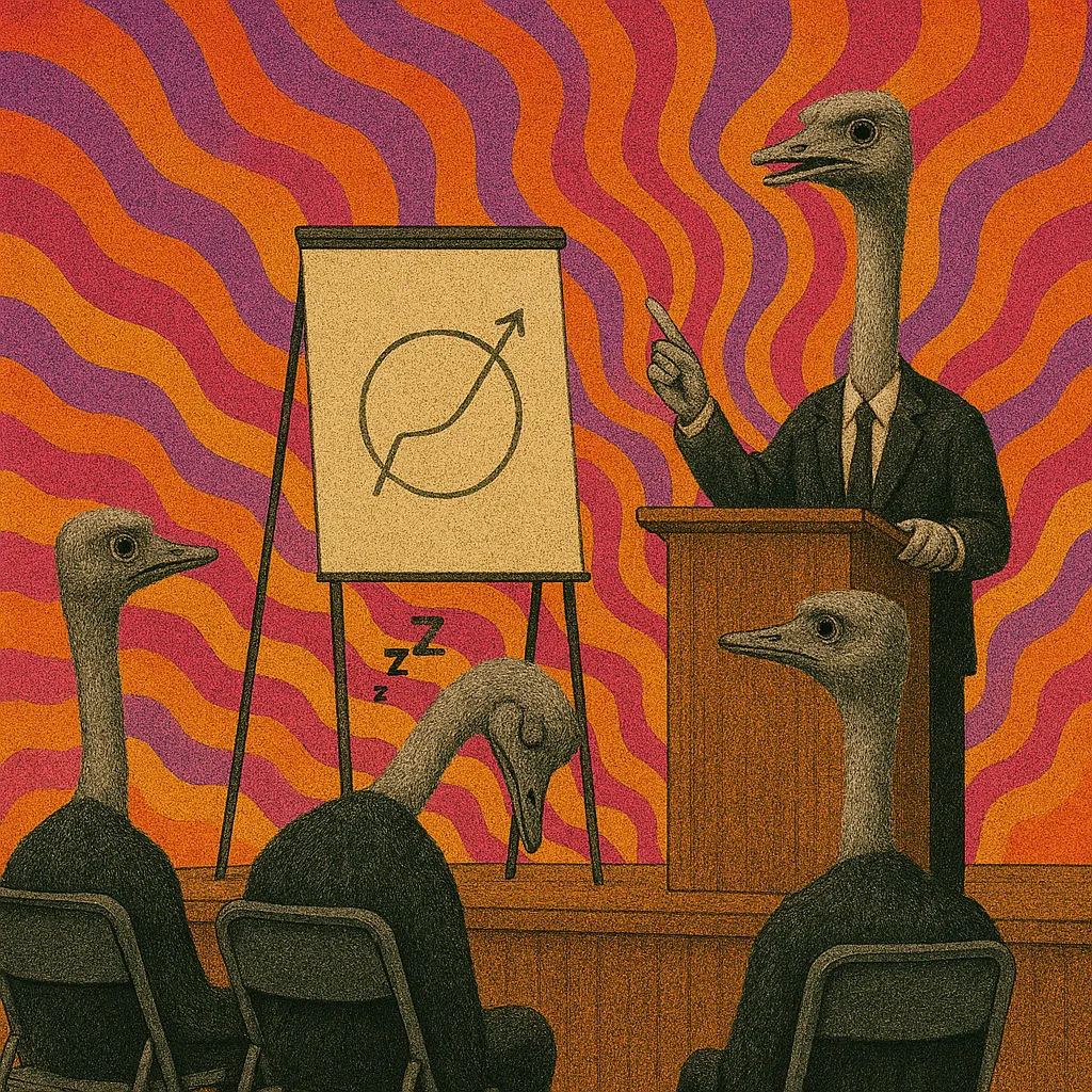 An ostrich in a suit gives a business presentation with a chart showing upward growth, while three other ostriches sit in the audience, one of them asleep. The background features vibrant, psychedelic orange and purple waves.